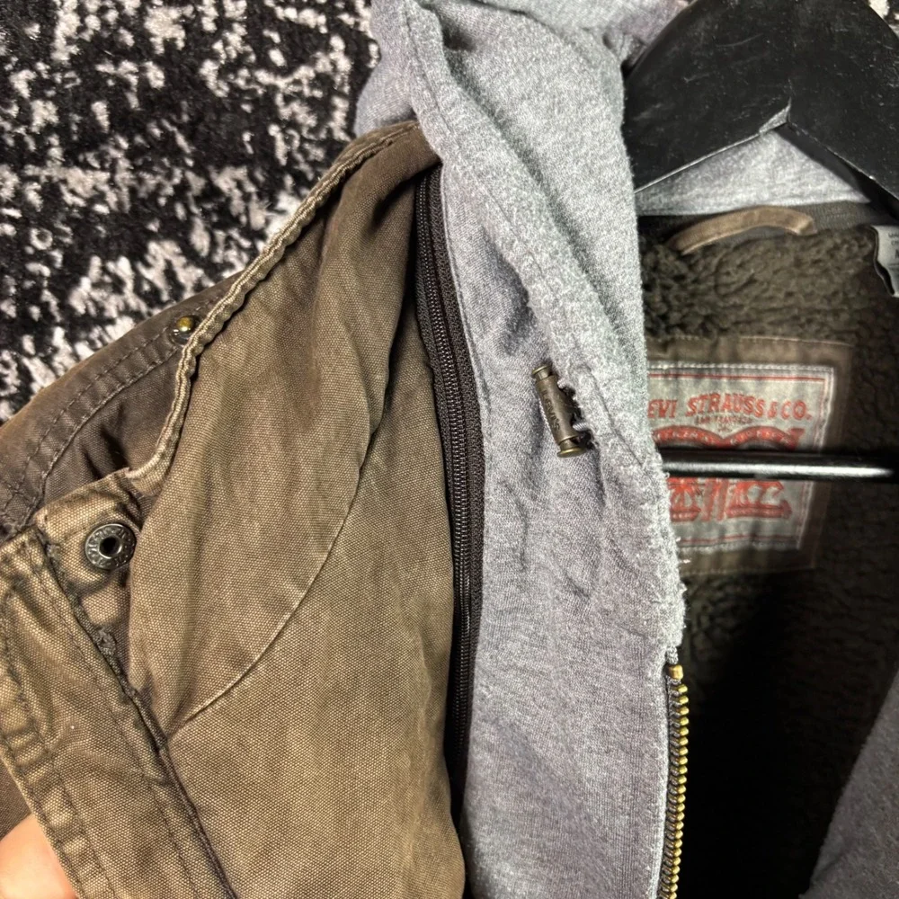 Levis Mens Sherpa Lined Utility Jacket Brown Y2K Grunge Detachable Hood Medium - Picture 5 of 7